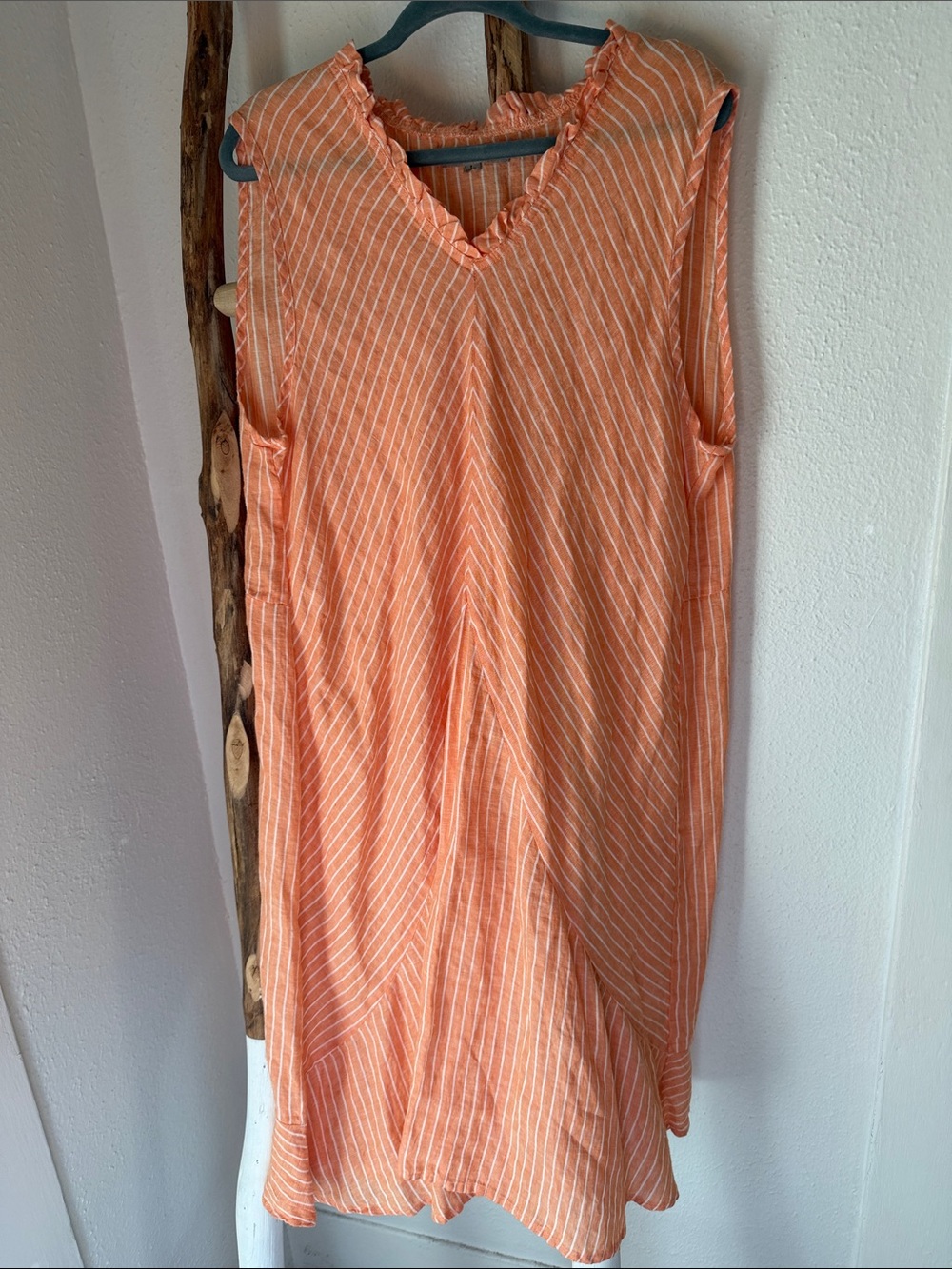 Flax Light Orange White Chevron Striped V-Neck Linen Midi Dress Large
